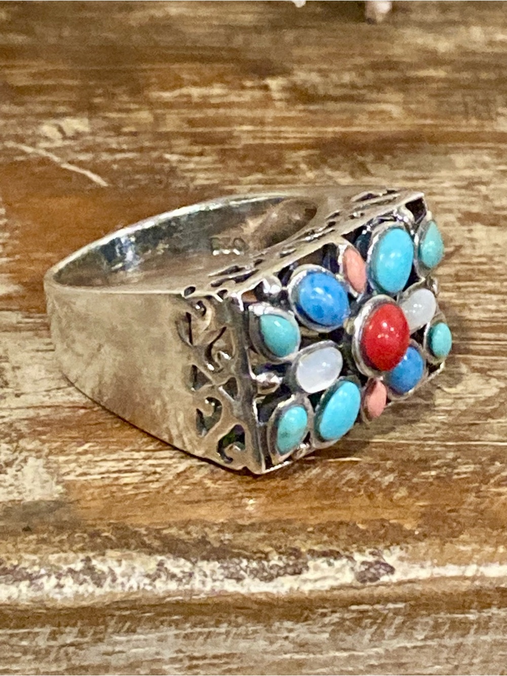Sterling Silver 925 Multicolor Boho Statement Ring Openwork Filigree Sz 6.75